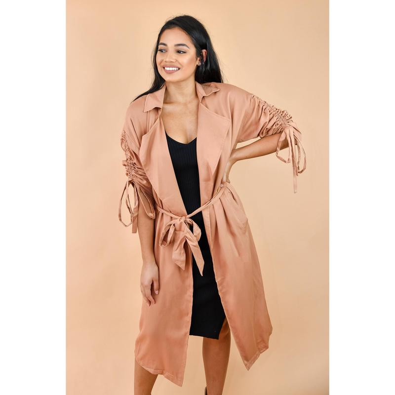 Camel Belted Open-Front Duster Trench Jacket