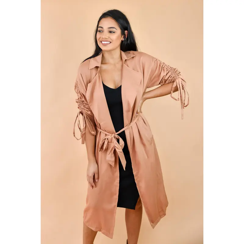 Camel Belted Open-Front Duster Trench Jacket