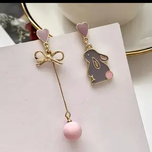 Cute bunny korean kawaii earrings. Bunny asymmetrical earrings. S925 alloy earrings. Cute pink bow. Korean girl