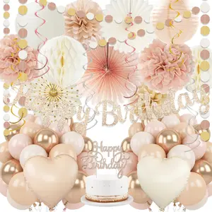 Champagne Gold Beige Fall Boho Birthday Party Decorations 62pcs with Happy Birthday Banner Paper Lanterns Streamers Tissue Pom Poms Boho Party Balloons Rustic Backdrop Decor