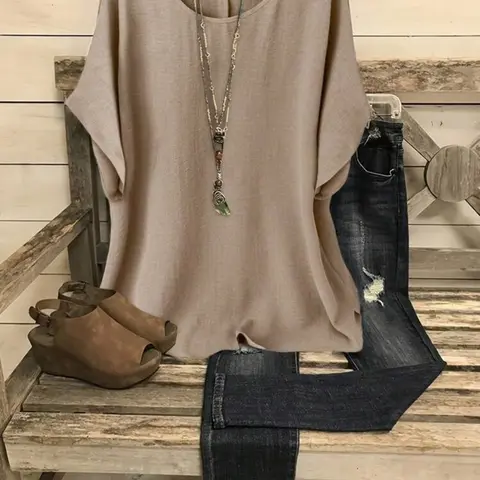 Women's Summer Loose-Fit Batwing Sleeve Pullover Top, Casual Woven Fabric Short Sleeve Shirt, Casual Blouse Shirts, Comfortable Commuter Wear, Breathable Casual Top, Casual Elegant, Casual Breathable Elegance