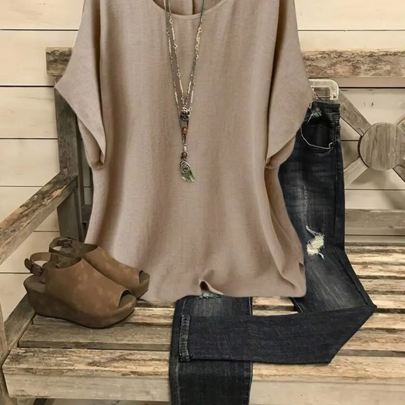 Women's Summer Loose-Fit Batwing Sleeve Pullover Top, Casual Woven Fabric Short Sleeve Shirt, Casual Blouse Shirts, Comfortable Commuter Wear, Breathable Casual Top, Casual Elegant, Casual Breathable Elegance