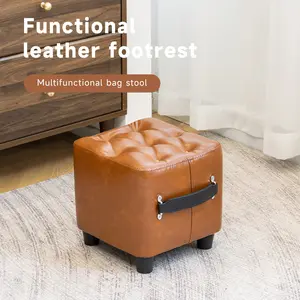 Leather armchair footstool with handle, suitable for small square cushioned footstools in living rooms or bedrooms, upholstered artificial leather armchair seat