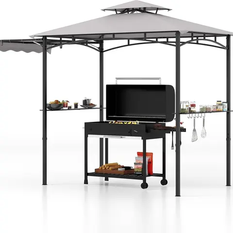 COSTWAY Grill Gazebo with Side Awning, 2-Tier Barbecue Gazebo with Shelves, Hanging Hooks, Bottle Opener, Outdoor Grill Canopy for Backyard Garden Poolside,4th of july decor, dad gift