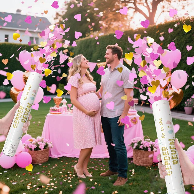 Gender Reveal Confetti Cannon - Biodegradable Heart Shaped Confetti Party Poppers - Pink, 4 Pack - Baby Girl Gender Reveal Party Poppers Cannons Shooters Blaster