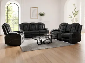 Black Breathable Faux Leather 3-Piece Recliner Sofa Set, Living Room Couch
