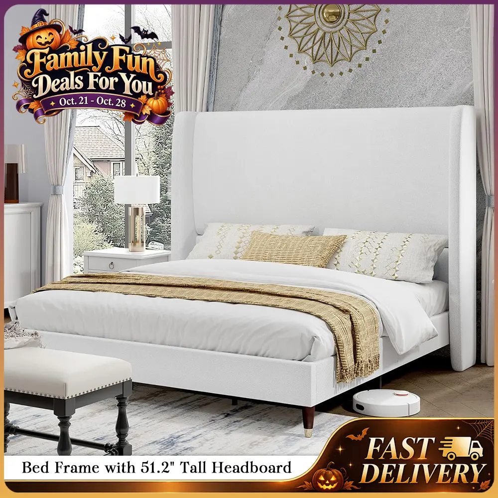 AMERLIFE Platform Bed Frame with 51.2" Tall Headboard, Upholstered Bed with Wingback/Solid Wood Legs/Durability&Silent/No Box Spring Required, Furniture/Full/Queen/King/Christmas Gifts/Best Gift Ideas/Cozy Home