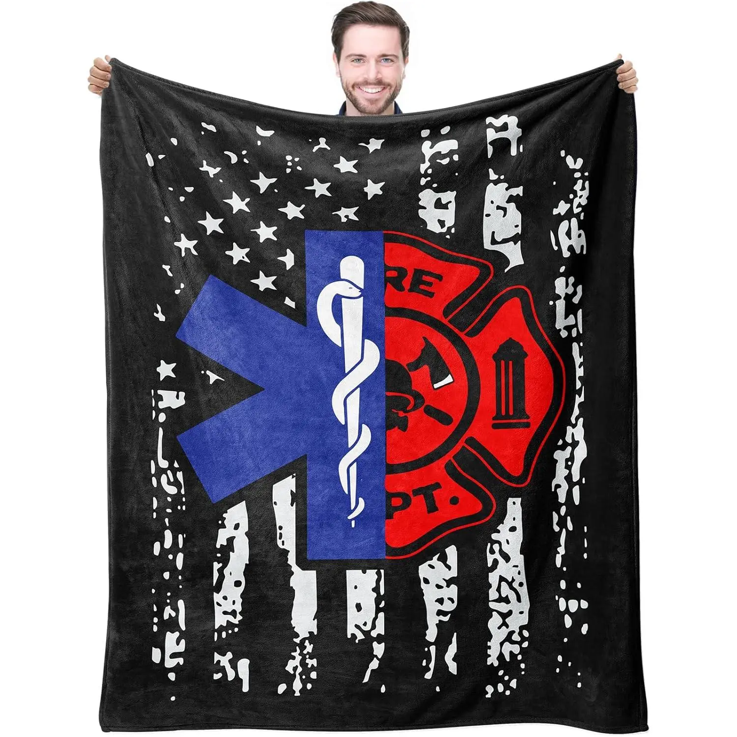 Firefighter EMT Throw Blankets Birthday Gift Idea for Men Dad Husband Son Friend Practitioner Fireman Firewoman EMS Blanket For Fire Fighter FD Department First in Last Out Responder