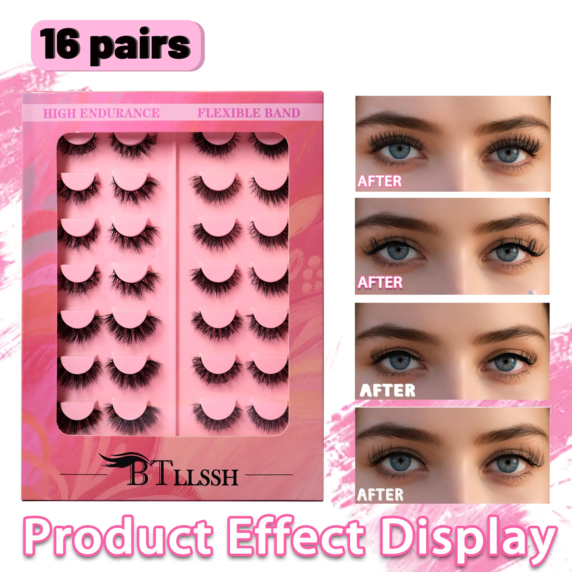 BTLLSSH 16 Pair Weightless Fluffy Faux Mink Lashes, Cruelty-Free & Vegan Strip Lashes, Vivid 3D Effect Mink-Like False Eyelashes, Reusable & Easy to Apply Makeup Cosmetic