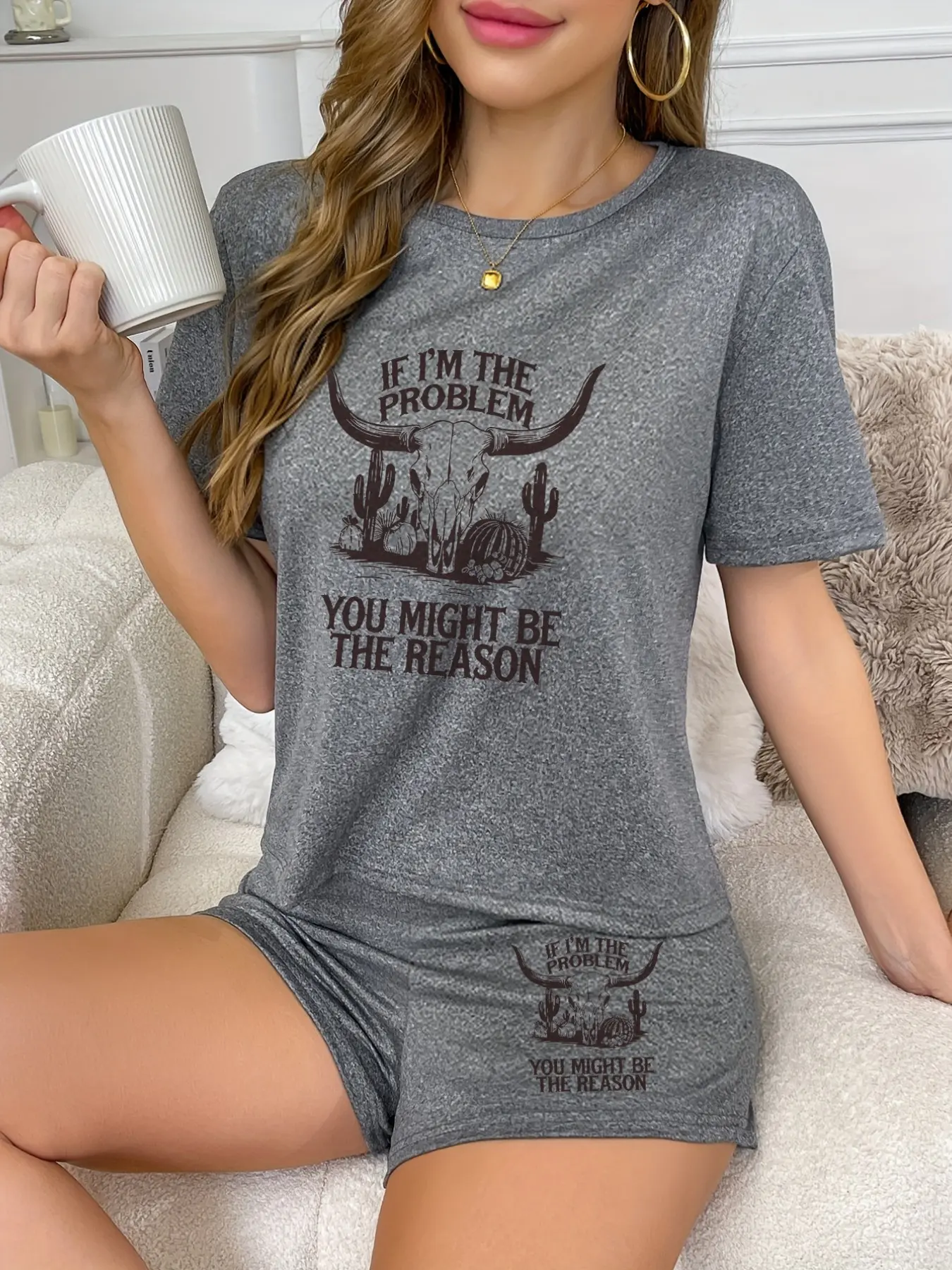 Women's Skull Bull Head Short Sleeve Pajama Set, Loose-Fitting Animal Pattern Sleepwear, Casual All-Seasons Nightwear, Pjs, Pyjamas, Pyjama Set, Womenswear, Lady, Loungewear, Top & Bottom