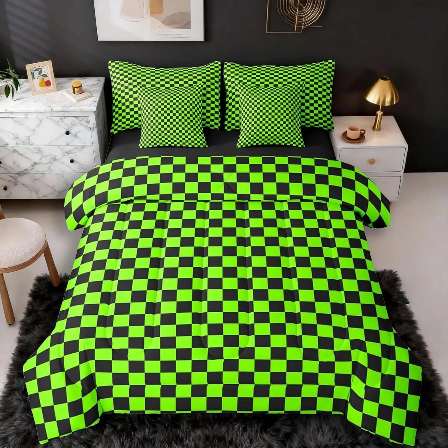 Bright Green Black Bedding Set 7Pcs Plaid Checkered Comforter Set with Sheets Classic Grid Buffalo Check Bed in a Bag Soft Lightweight,Microfiber