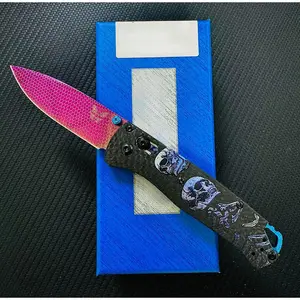 535 tactical folding knife, carbon brazing handle, 3D Printed Skull Layers,Blade with laser-etched pattern in radiant huesVacuum-Coated Titanium Purple-Red Process,high hardness Damascus steel blade, outdoor camping EDC small knife  Equipment Set