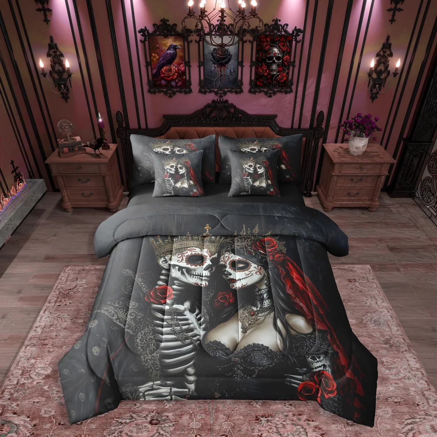 Exotic Skull Couple Bed Sheets and Comforter Set,Vintage Skeleton 7 Piece Bedding Set,Retro Gothic Bed in a Bag,Spooky Ethnic Tribe Bone Red Rose Decor,Halloween Skeleton Decorations