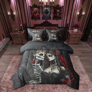 Exotic Skull Couple Bed Sheets and Comforter Set,Vintage Skeleton 7 Piece Bedding Set,Retro Gothic Bed in a Bag,Spooky Ethnic Tribe Bone Red Rose Decor,Halloween Skeleton Decorations
