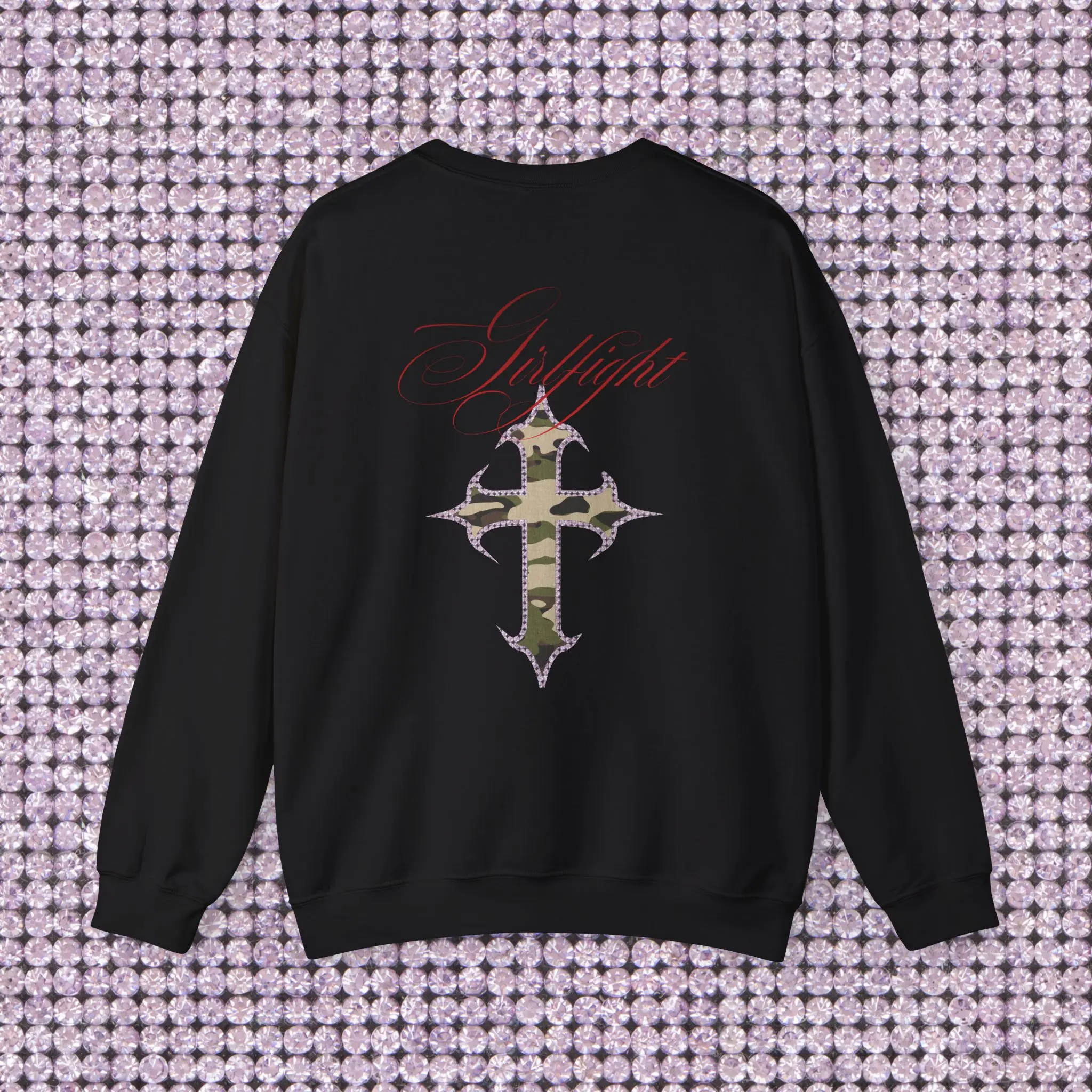 Camo Rhinestone Print Gothic Cross Crewneck | Back Graphic Sweatshirt