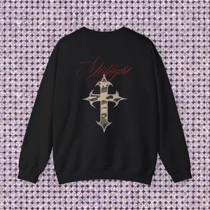 Camo Rhinestone Print Gothic Cross Crewneck | Back Graphic Sweatshirt