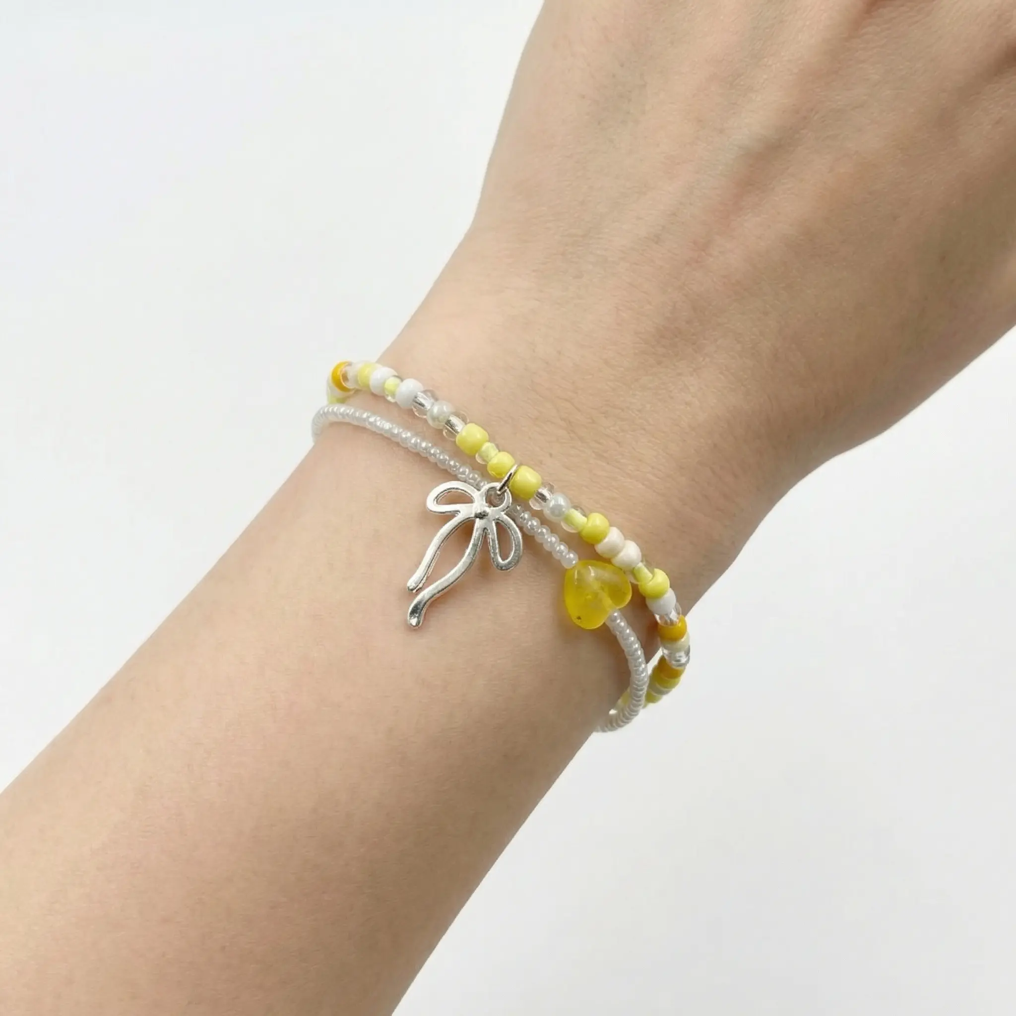 Women/Girls Balletcore Yellow Glass Bead Double-Wrap Beaded Bracelet, Dainty Bow Charm Coquette Adjustable Pretty Bangle, Trendy Chain Jewelry Bracelets & Bangles for Daily Wear