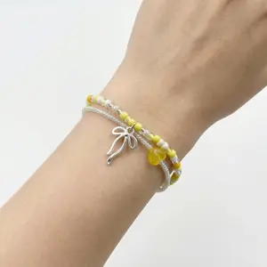 Balletcore Yellow Seed Bead Double Wrap Bracelet | Dainty Bow Charm Coquette Adjustable Bracelet for Women Girls Daily Wear