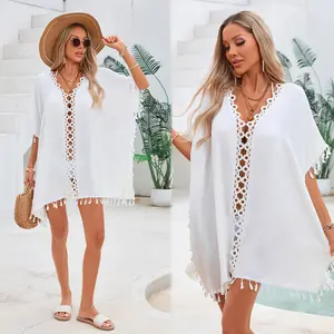 Open-Knit Beach Dress - Crocheted Patchwork, Tasseled Bikini Cover-Up, Beach Blouse, Resort Cover Ups
