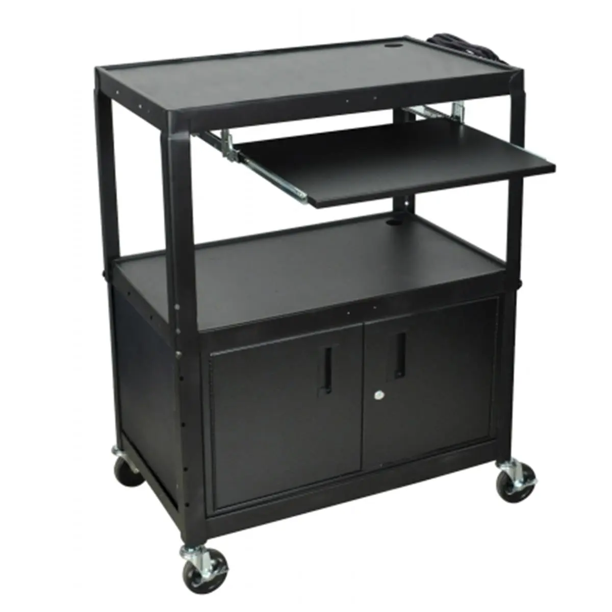 212 MAIN XL Adjustable Desk Organiser Rack - 32"W x 24"-42"H x 20"D Black Extra Large Cart with 3-Outlet Surge Suppressor, Keyboard Tray, Shelf, Cabinet, Cable Pass Through Holes, 3-Outlet Surge Suppressing, All-In-One Stand Utility Carts