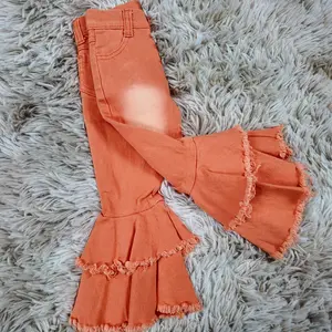 orange printed double flare jeans western kids girls denim pants