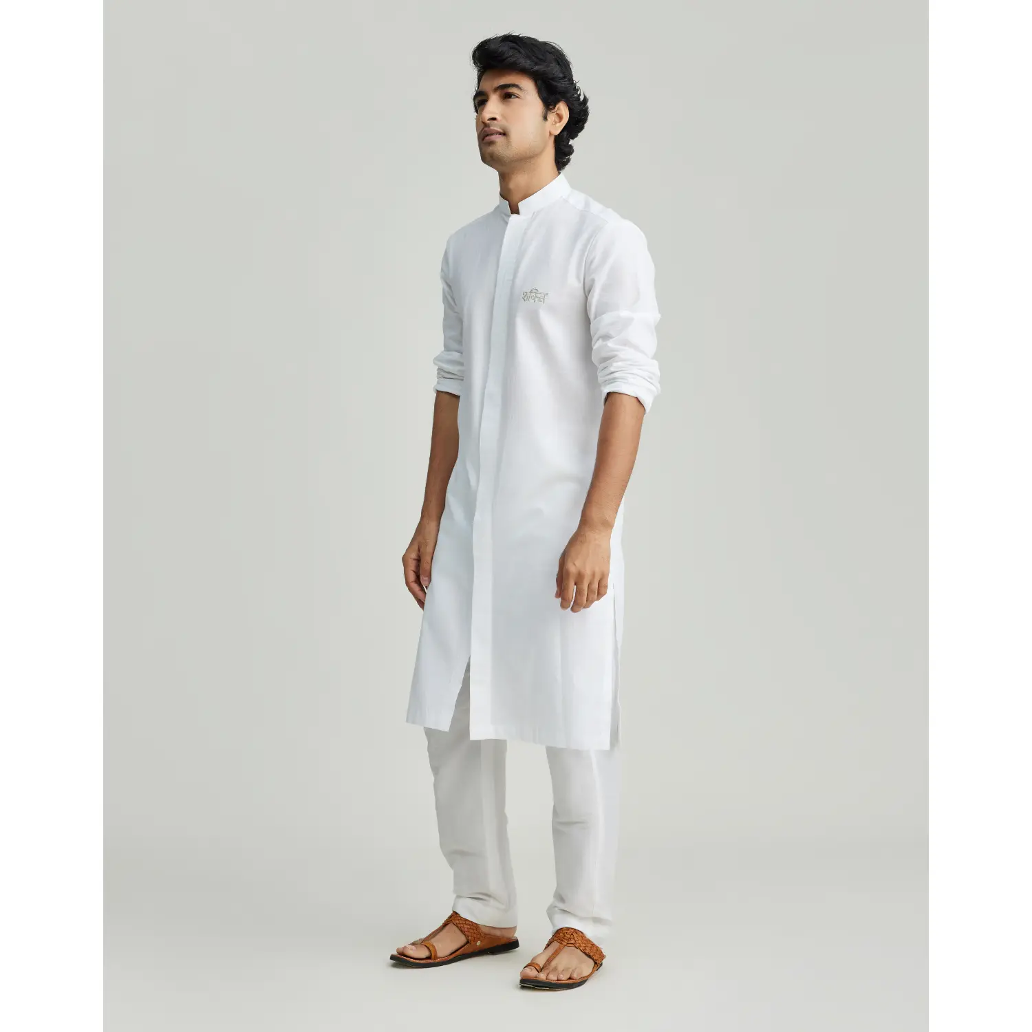Shakti Kurta Shirt - White Poplin Cotton with Hand Embroidered "Shakti" in Metallic Thread, Tailored Fit, Hidden Front Closure, Minimalist Design, Perfect for Casual or Traditional Looks, Complete with Neil Pants (Sold Separately)