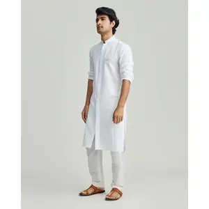 Shakti Kurta Shirt - White Poplin Cotton with Hand Embroidered "Shakti" in Metallic Thread, Tailored Fit, Hidden Front Closure, Minimalist Design, Perfect for Casual or Traditional Looks, Complete with Neil Pants (Sold Separately)