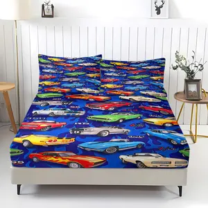 Retro Racing Car Blue Flame Background 3‑Piece Mattress Fitted Sheet Set, No Filling Included, Soft Bedding Set, Dark Automotive Aesthetic Decor for Car Content Studio, Male Gear Influencer Room, Racing Cozy Nook