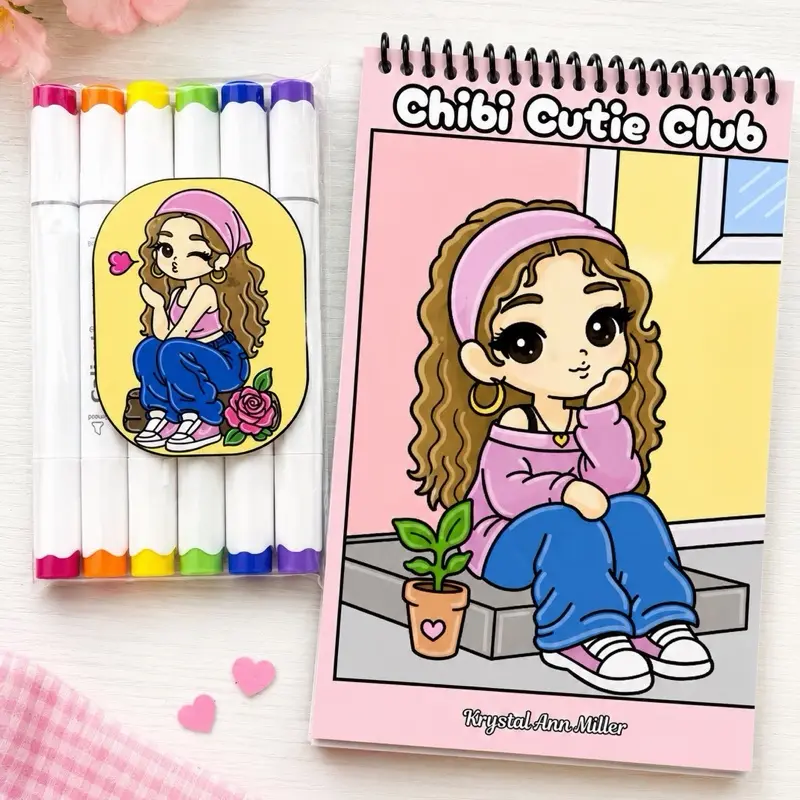 Chibi Cutie Club Coloring Kit | Mini Coloring Book + 6 Kelly Art Markers + Matching Sticker | Cute Gift Set