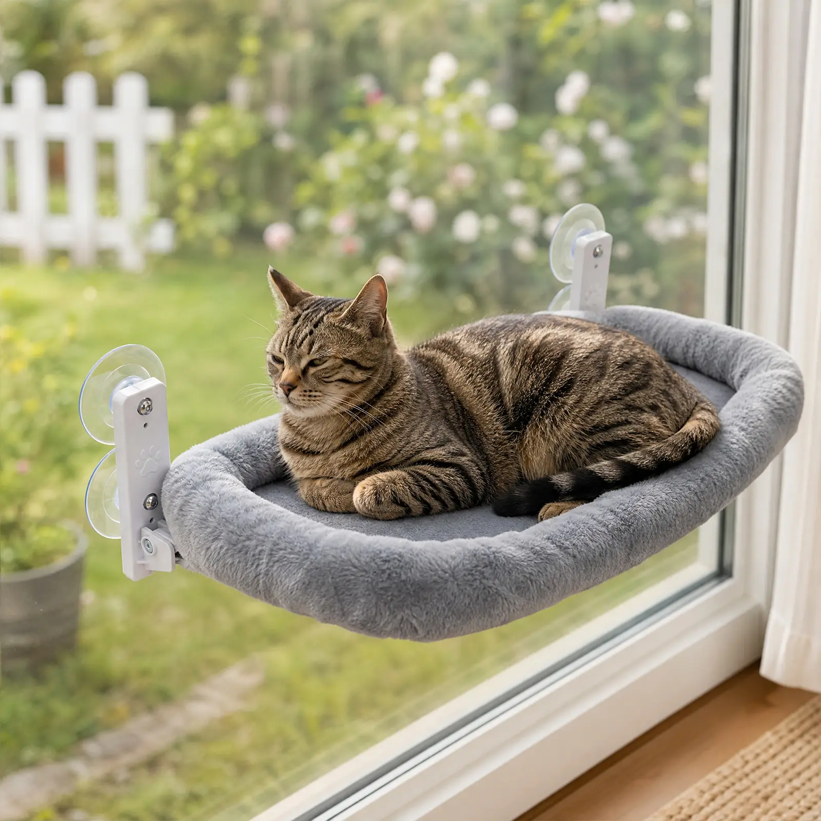 Cordless Cat Window Perch with Soft Cushion, Metal Frame Large Cat Window Bed, Safe Suction Cup Cat Seat for Indoor Cats, Light Gray