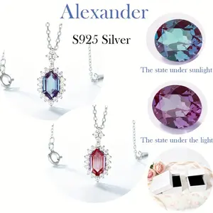 S925 Silver Alexandrite Pendant Necklace for Women, Elegant Bohemian June Birthstone with Zircon Accents, Color-Change Gemstone Jewelry for Parties