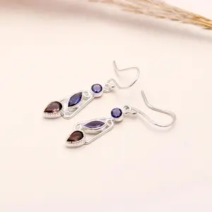 925 Sterling Silver Iolite & Smoky Quartz Dangle Earrings