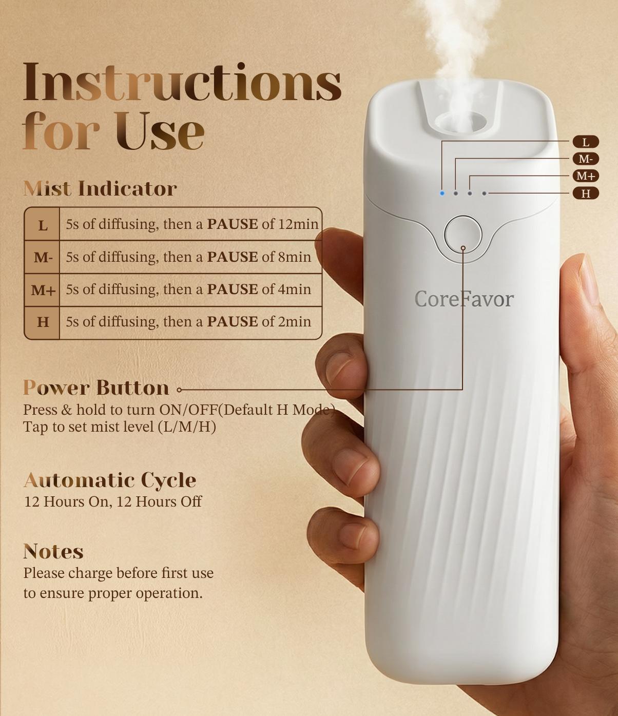 CoreFavor Waterless Essential Oil Diffuser（M60）with 120ml Oil, Portable Battery-Operated Cold Air Aroma Scent Machine, 4 Adjustable Intensity Levels, Quiet Diffuser for Bedroom, Office, Bathroom&Car