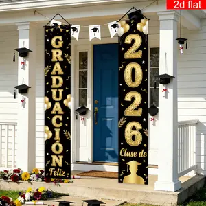 2D Flat Banner, 1 Pair, Class of 2026 Happy Graduation Front Door Porch Sign Party Banner in Spanish, Black Gold Theme, Graduate Silhouette Streamer Pattern Design, Polyester, For Graduation