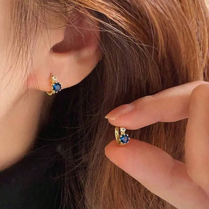 Vintage Simple Blue Zircon Artificial Crystal Earrings Jewelry, Fashionable Elegant Small Women's Daily Commute Ear Cuffs, Zirconia Hoop Earrings