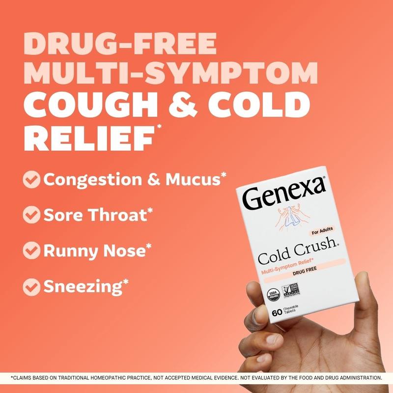 Genexa Cold Crush | Multi-Symptom Cough & Cold Relief for Adults | Delicious Organic Acai Berry Flavor | Certified Organic & Non-GMO | Homeopathic Remedy Made Clean | Chewable Tablets