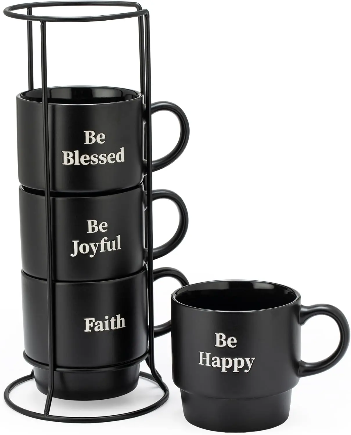15 oz Stackable Coffee Mug Tower Set of 4 Black Ceramic Cups with Wire Rack