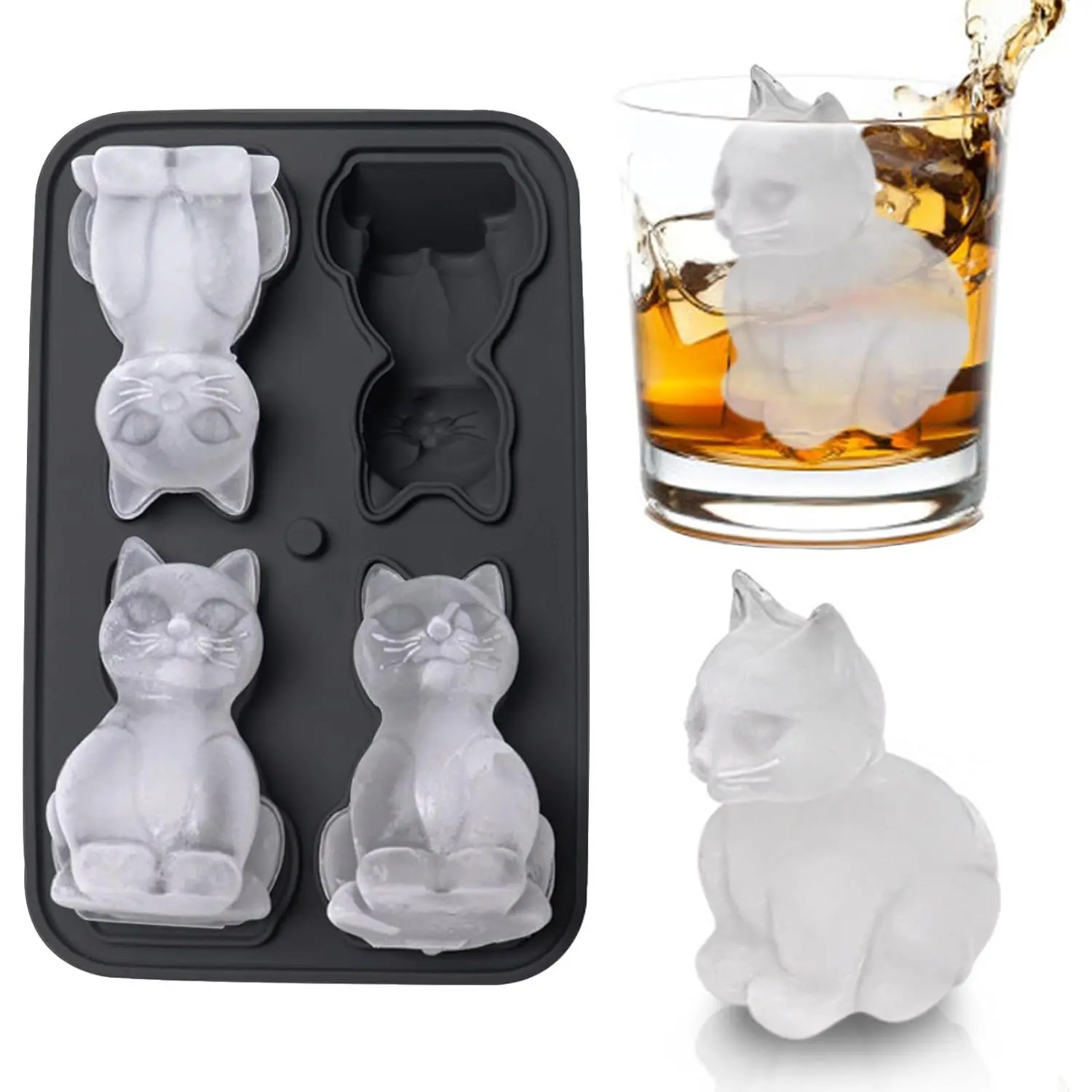 3D Flexible Ice Molds - Bar Ice Cube Tray with Funnel, Black Fun Shapes for Brandy, Beverage, Men's Gifts, Silicone, Synthetic