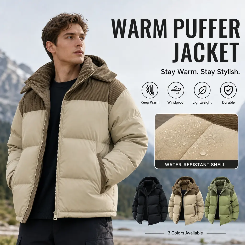 Autumn/Winter color-block patchwork hooded puffer jacket for men, featuring a thickened collar for added warmth, windproof design that locks in heat, lightweight and non-restrictive fit, zipper closure and pocket design, casual trendy silhouette, suitable