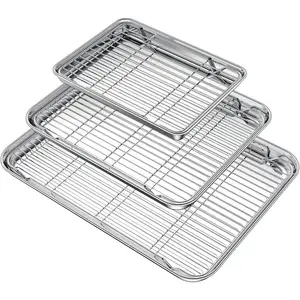 Baking Sheet with Rack Set (3 Pans + 3 Racks), Stainless Steel Baking Pan Cookie Sheet with Cooling Rack, Non Toxic & Heavy Duty & Easy Clean Aluminium Bakeware