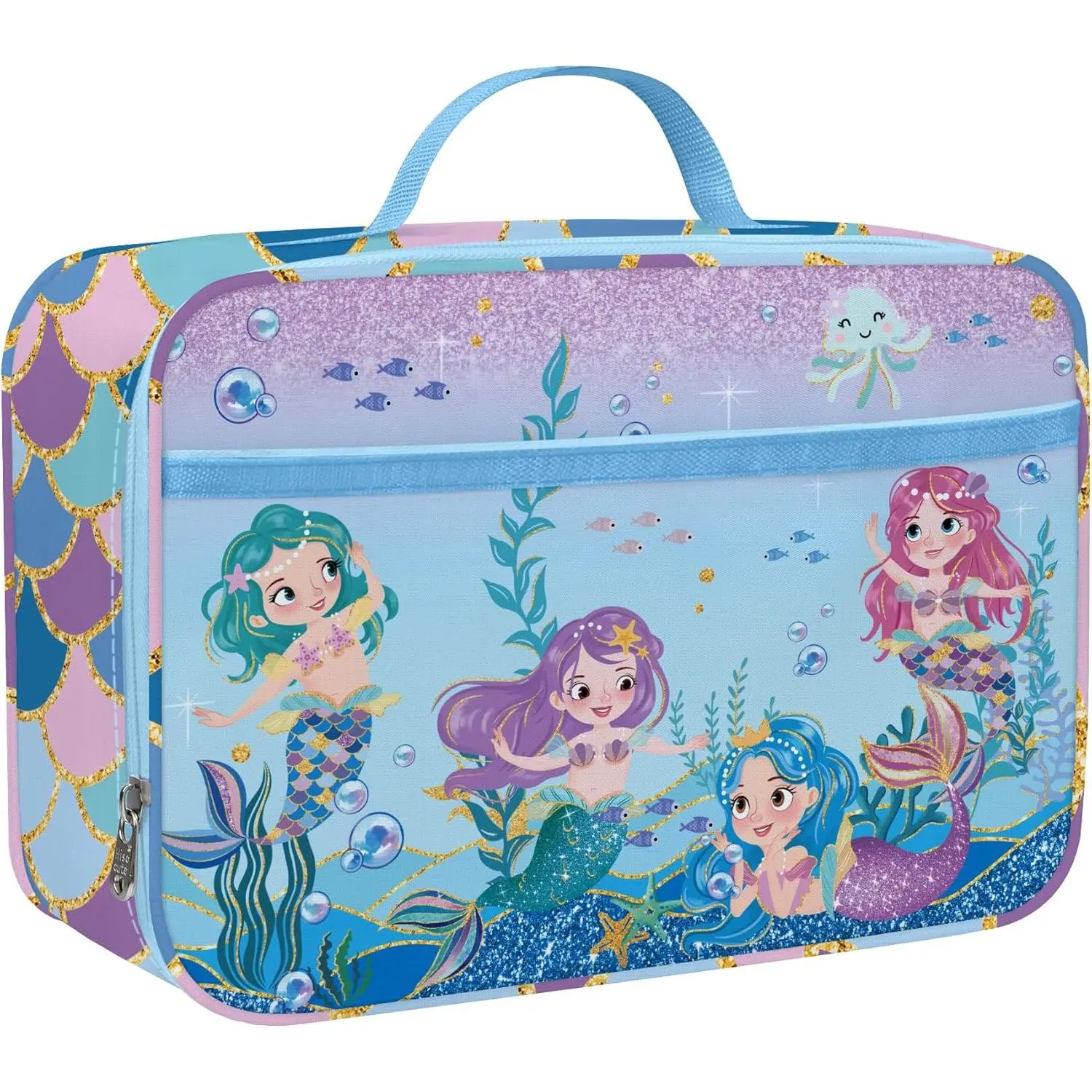 F-LBK04  Mermaid Princess Lunch Box for Girls Blue Sea Insulated Lunch Bag for Kids Large Portable School Lunch Cooler Bag Outdoor Picnic, Lightweight Easy to Clean