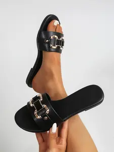 Women's Black White Red Flat Sandals 2026 – Mules with Metal Stud Buckle Design, Minimalist Slip-On Slides for Summer Beach & Everyday Wear, Comfortable Lightweight Shoes with Soft Cushioned Sole