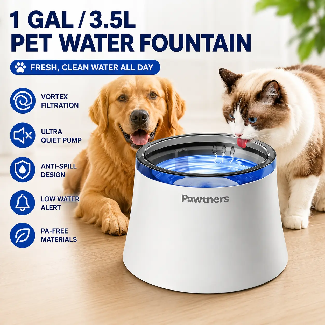 Pawtners Automatic Cat Water Fountain 3.5L/1 Gallon, Ultra Quiet Pet Water Fountain with Vortex Filtration, Low Water Alert, Anti-Spill Design for Cats & Small Dogs