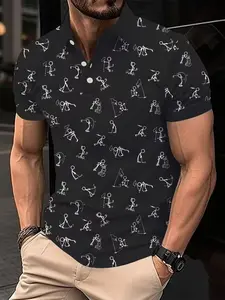 Summer Outdoor Golf Sport Polo Shirt, Golf Apparel, Casual Sportswear, Digital Print Casual Versatile Top, Casual Sports Tops, Short Sleeve Fitted Geometric Pattern, All Seasons Wear