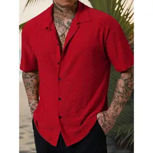 Vacation Casual Style, INS Matched With A Knitted Black And White Geometric Striped Crochet Textured Jacquard Loose Short-Sleeve Shirt, Featuring A Button Placket, This Shirt Embodies Elegance And Romance, Making It Perfect For Hawaiian Beach, Shortsleeve
