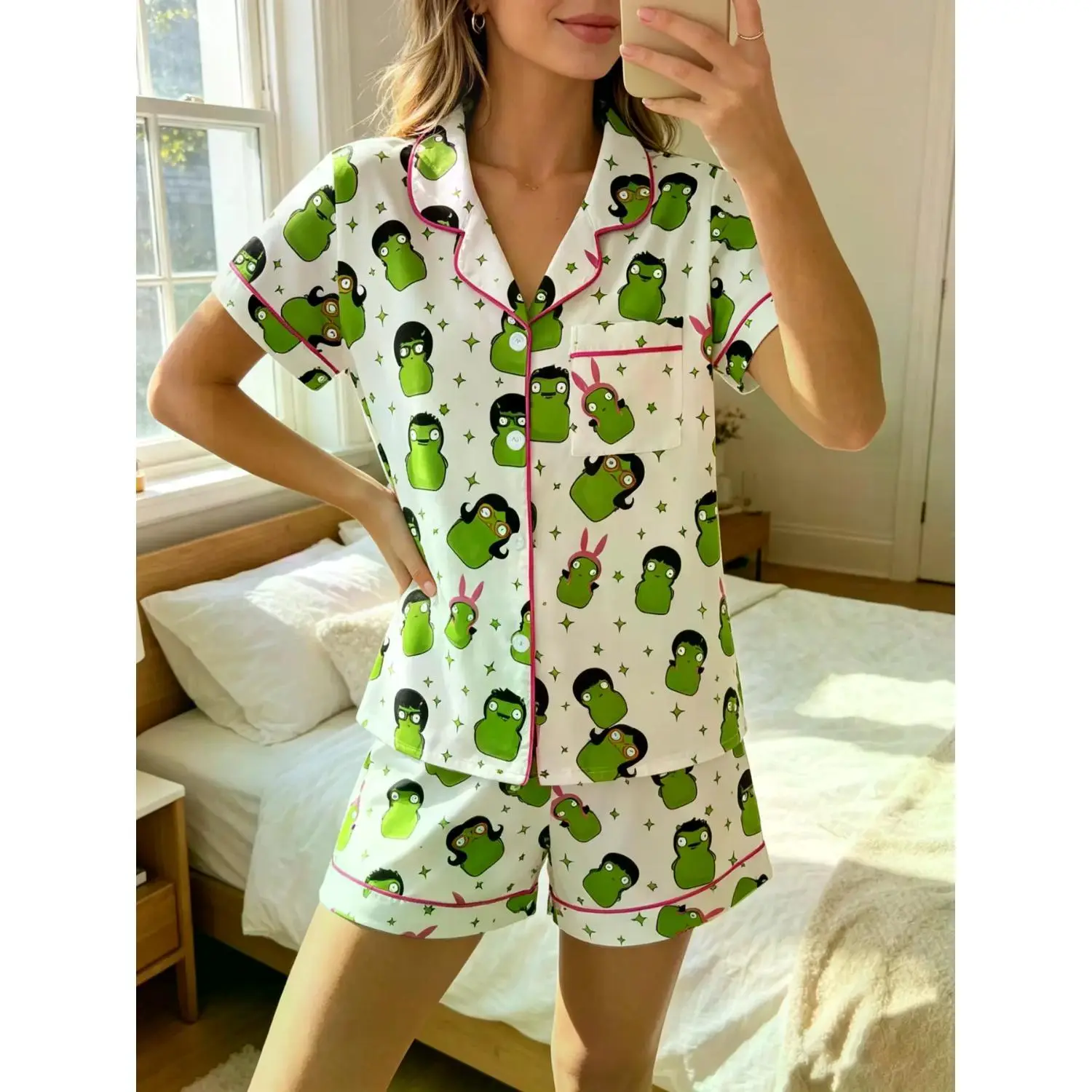 Charming Cartoon Alien Women's Pajama Set - Comfy Two-Piece Loungewear, Short Sleeve Button-Up Top & Elastic Shorts, Perfect Homewear Nightwear Gift