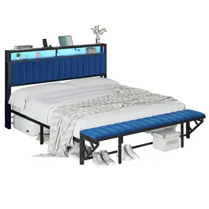 [MothersDayGift] #Summervibes AMERLIFE TWO Different Bed Frames, Metal Bed with Foldable Ottoman, Velvet Upholstered Headboard/Metal Bed with PU Leather Headboard/ Both Including LED Lights, Charging Station, Storage Shelves
