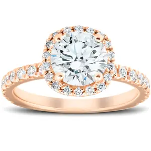 G/VS 2 Ct Moissanite & Diamond Cushion Halo Engagement Ring 14k Rose Gold