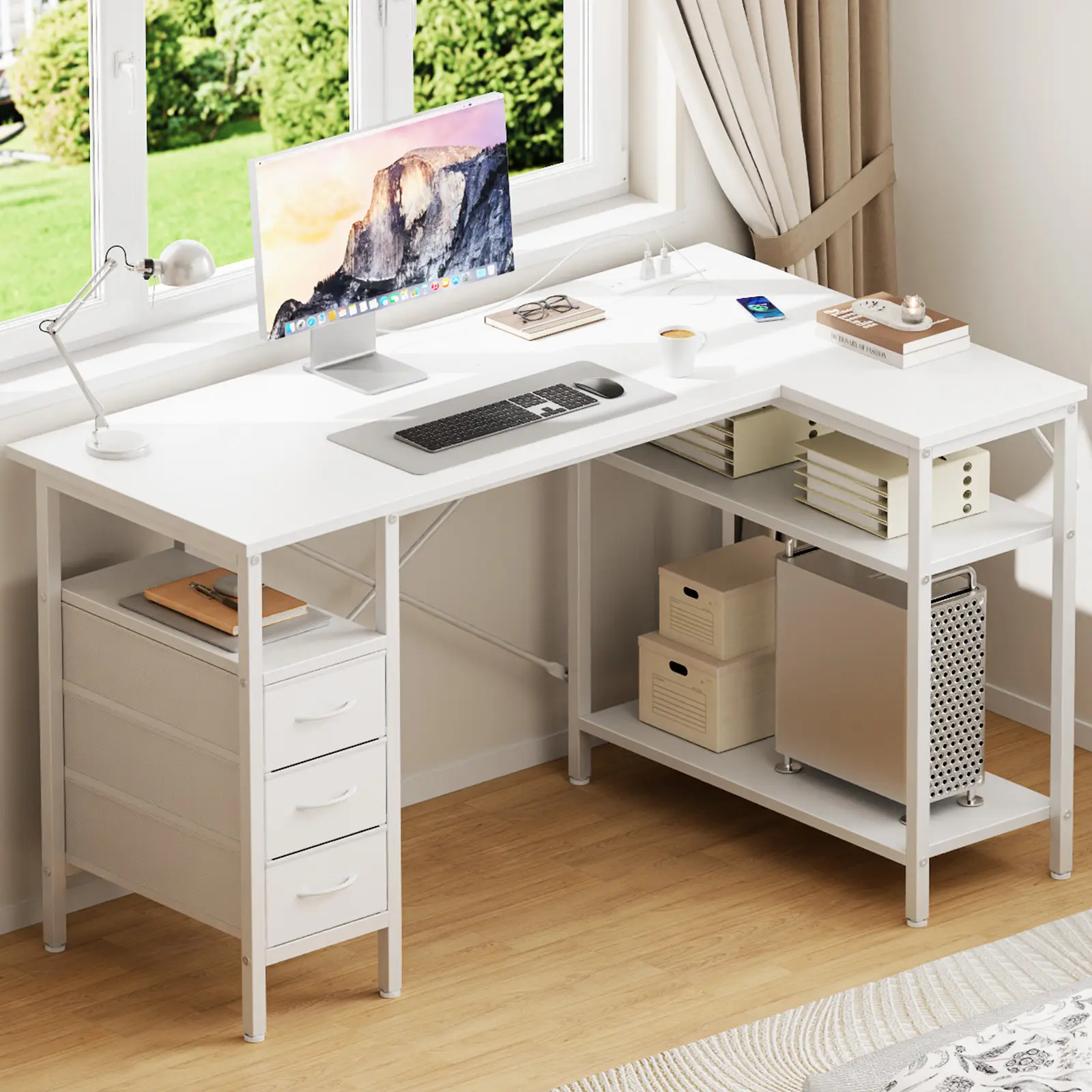 55-Inch Black L-Shaped Sturdy Computer Gaming Desk - Apartment Adults' Home Office Corner Standing Desk with Shelves, Drawers, Power Outlet, Laptop-Friendly Armoire for Reading, Writing, Computer Gaming Desks, Sturdy Computer Desk