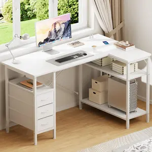 L Shaped Desk with Shelf Drawers 55 Inch, Black Corner Computer Desks Gaming with Power Outlet, Study Table with Adjustable Shelves, Home Office Tables for Bedroom Teacher Reading Writing